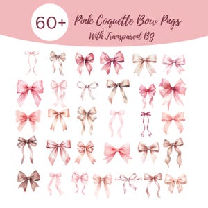Peut inclure: Une collection de plus de 60 nœuds aquarelle dans diverses nuances de rose, blush et beige. Les nœuds ont un fond transparent et sont disposés sur un fond blanc. Le texte en haut indique "Pink Coquette Bow Pngs With Transparent BG".