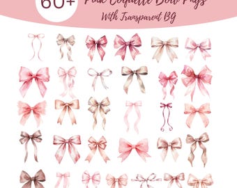 Watercolor Pink Bow Clipart Bundle – Coquette Ribbon PNG Set (Digital Download)