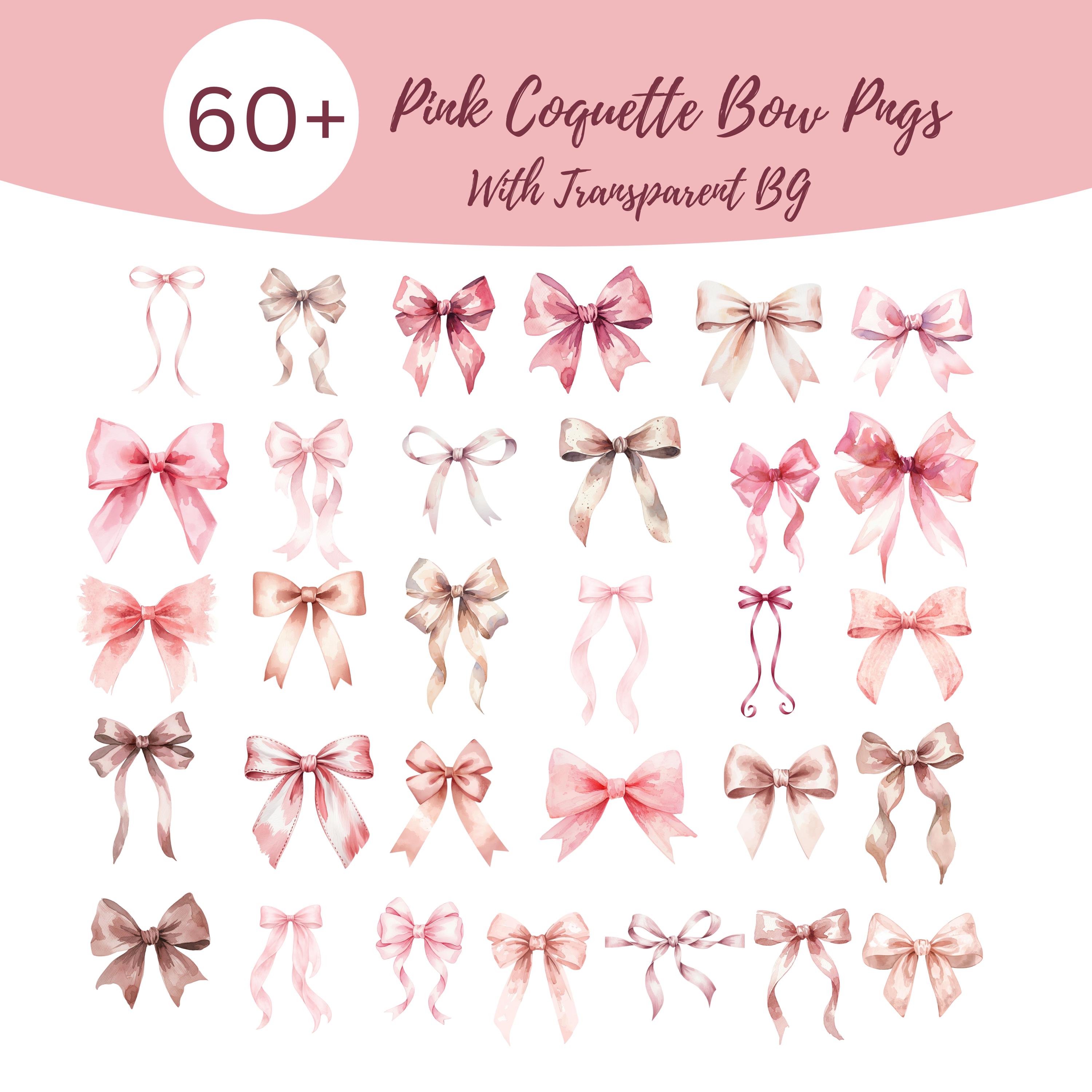 Watercolor Pink Bow Clipart Bundle – Coquette Ribbon PNG Set (digital ...