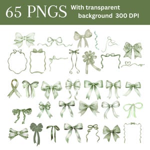 May include: A collection of 65 watercolor PNGs of green bows and ribbons with a transparent background. The bows vary in style and size, with some featuring decorative elements. Text at the top reads "65 PNGS With transparent background 300 DPI."
