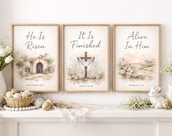 Láminas de arte cristiano en acuarela "Él ha resucitado", decoración con versículos bíblicos de Pascua (descarga digital)