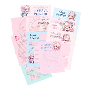 Puede incluir: Un conjunto de hojas de papelería rosas y azules con ilustraciones y texto de estilo anime. Las hojas incluyen diseños de "Yearly Planner", "Study Planner", "Book Review", "Daily Planner" y "Monthly Planner".