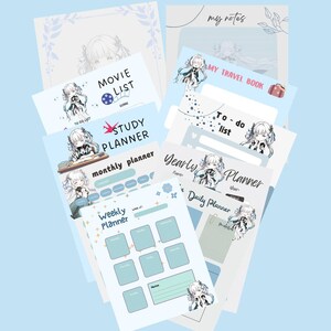 Puede incluir: Un conjunto de páginas de planificador en azul claro y blanco con títulos como "Movie List" y "Study Planner". Cada página presenta una ilustración de dibujos animados de una niña y elementos decorativos.
