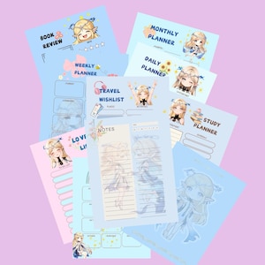 Puede incluir: Una colección de páginas de planificador en colores pastel con ilustraciones de estilo anime. Las páginas incluyen secciones para reseñas de libros, planificación semanal y mensual, listas de deseos de viaje, planificación diaria, horarios de estudio y notas.