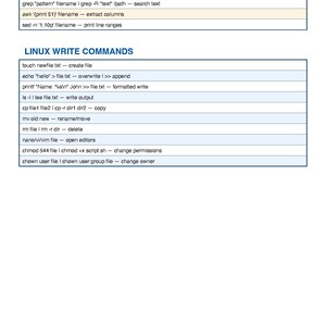 Peut inclure: Un document blanc avec du texte noir d&eacute;taillant les commandes d'&eacute;criture Linux. Les commandes incluent la manipulation de fichiers, la recherche de texte et les permissions de fichiers. Le titre "LINUX WRITE COMMANDS" est bien en &eacute;vidence.