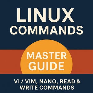 May include: A graphic with the text "LINUX COMMANDS" in white letters on a dark blue background. Below, an orange circle with "MASTER GUIDE" in white. The bottom text reads "VI / VIM, NANO, READ & WRITE COMMANDS".