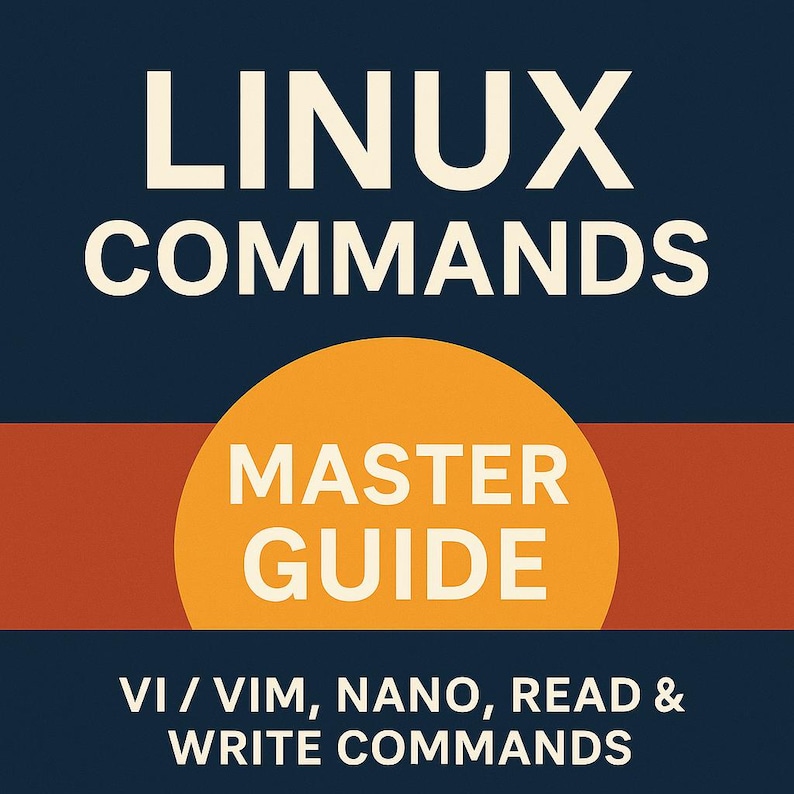 Peut inclure: Graphique avec le texte "LINUX COMMANDS" en lettres blanches sur fond bleu fonc&eacute;. En dessous, un cercle orange avec "MASTER GUIDE" en blanc. Le texte inf&eacute;rieur indique "VI / VIM, NANO, READ & WRITE COMMANDS".