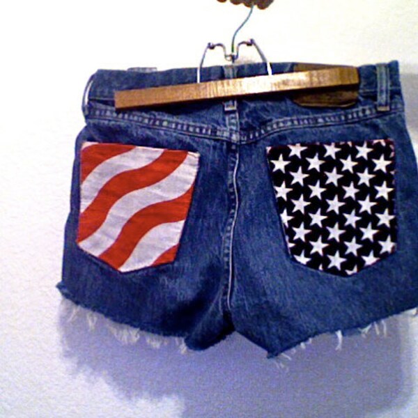 High Waisted American Flag Distressed Denim Shorts