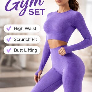 Bezszwowy komplet do jogi • Top z długim rękawem, legginsy z wysokim stanem • Lawendowy strój sportowy