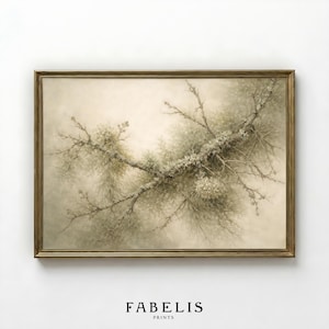 May include: A framed print featuring a detailed botanical illustration of a tree branch with delicate foliage. The artwork is rendered in muted tones of beige, green, and brown, with a vintage aesthetic. The print is labeled "Fabelis Prints" at the bottom.