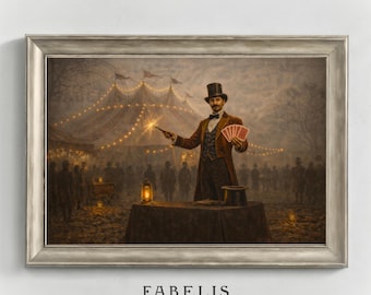 Arte murale del mago, illustrazione di un mago da circo d'epoca, arte illusionista del carnevale vittoriano, download digitale di un libro di fiabe malinconico