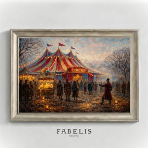 May include: Framed print of a circus scene. The colorful circus tent is the focal point, with red and white stripes and the word "CIRCUS" in bright letters. A popcorn cart and crowd of people are in the foreground. The artwork is in a silver frame.