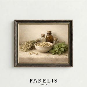 May include: A framed print featuring a still life composition. The image showcases a bowl of herbs, glass bottles, and fresh mint. The artwork has a vintage aesthetic with a neutral color palette and the text "FABELIS PRINTS" at the bottom.