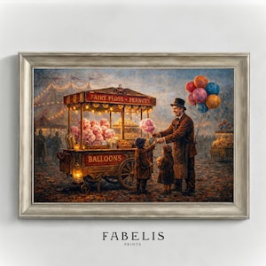 May include: A framed print of a vintage carnival scene. A man in a top hat hands cotton candy to two children near a "Fairy Floss - Peanuts" cart. Colorful balloons float in the air, and the word "BALLOONS" is visible on the cart.