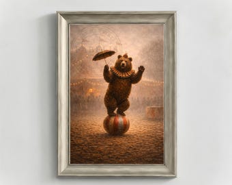 Kunst aan de muur circusbeer, vintage carnavalsbeer illustratie, grillige circusdierenkunst, verhalenboekstijl digitale download