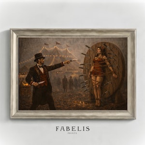 May include: A framed print of a vintage circus scene. A magician in a top hat throws knives at a woman tied to a wooden target. The print has a silver frame and the text "FABELIS PRINTS" at the bottom.