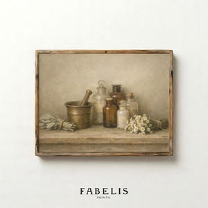 May include: A framed print featuring a still life arrangement of apothecary items. The composition includes a brass mortar and pestle, various glass bottles, bundles of herbs, and small white flowers. The color palette is muted with warm tones.