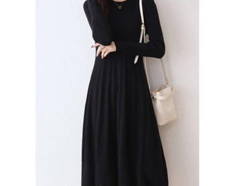 Black Knit Midi Dress - Long Sleeve Ribbed A-line Sweater Dress With Belt -  Etsy