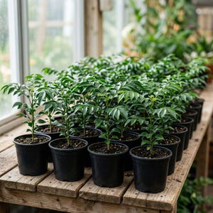 May include: A collection of small green plants in black plastic pots arranged on a wooden surface. The plants have multiple green leaves and are in a well-lit indoor setting, possibly a greenhouse. The pots are uniform in size and shape.