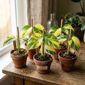 Peut inclure: Six petites plantes en pot avec des feuilles panachées vertes et jaunes sur une table en bois. Chaque plante a un tuteur en bois. Les pots en terre cuite ont un aspect rustique. Un pot porte l'étiquette "MONSTERA AUREA VARIEGATED."