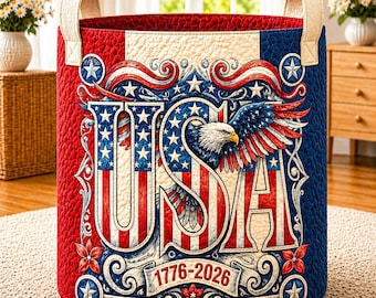 America 250 Years Quilted Laundry Basket, USA 250th Anniversary Storage Bin, 4th Of July Clothes Hamper, Patriotic Eagle Organizer Bin