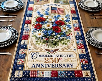 Custom America 250 Years Of Freedom Table Runner, USA 250th Anniversary Tablecloth, Patriotic Eagle Flower Dining Decor, 4th Of July Gift