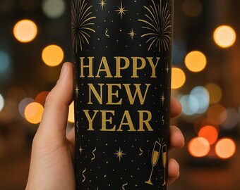 Envoltorio para vaso de Año Nuevo de 20 oz delgado / Feliz Año Nuevo PNG / Diseño de sublimación de fuegos artificiales dorados / Envoltorio para vaso de fiesta de Nochevieja