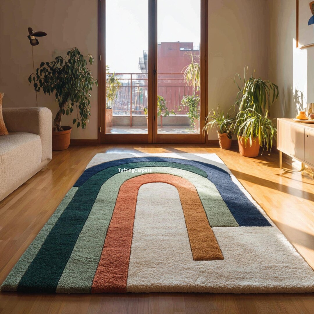 Rust Plush Area Rug Modern Arch Pattern Area Rug | Teal Sage Rust Plush Statement Carpet ...