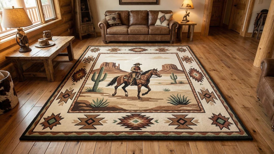 Western Cowboy Desert Scene Rug | Hand-tufted Southwestern Wool Area ...