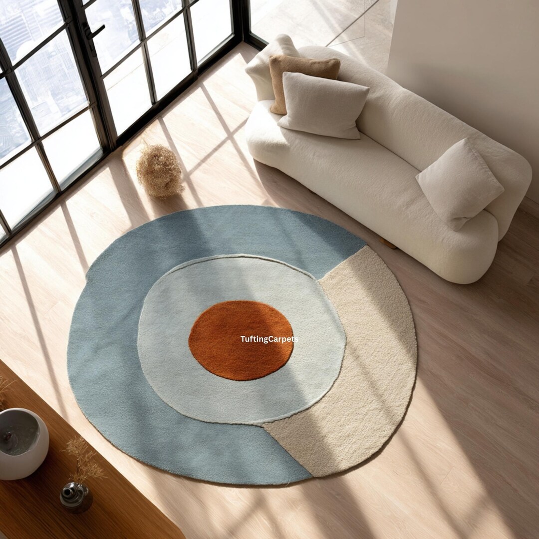 Modern Round Rug in Blue, Beige | Brown Geometric Circle Rug for Living ...