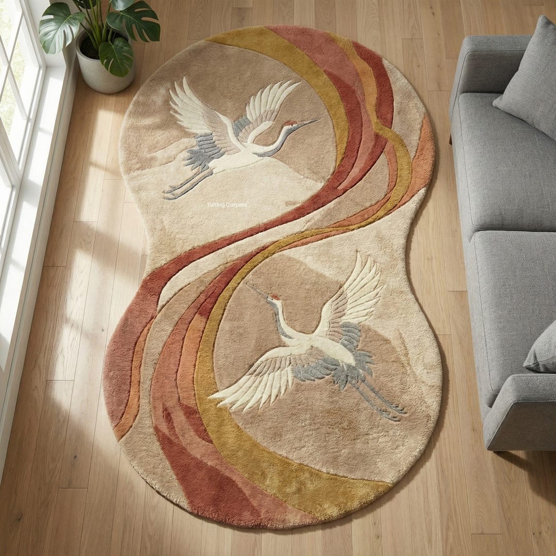 Japanese Crane Shaped Rug Hand Tufted Wool Area Rug Abstract Artistic ...