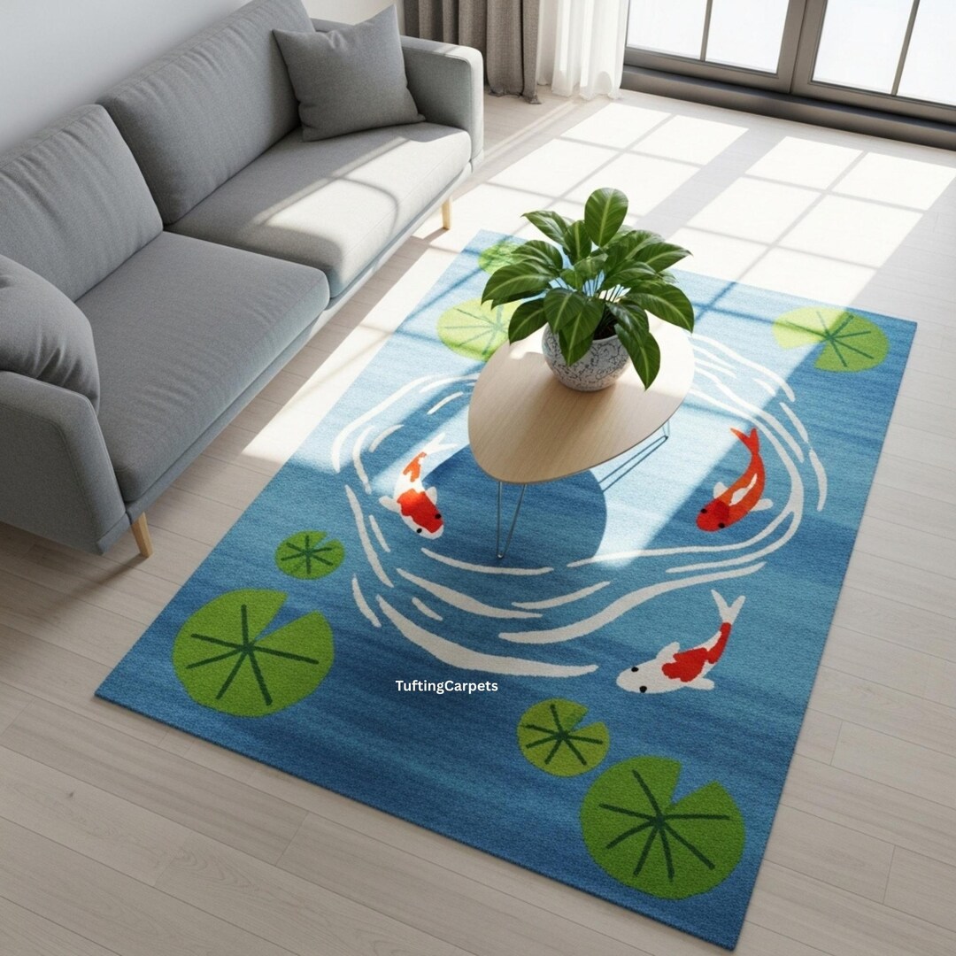 Koi Fish Pond Area Rug | Blue Water Lily Pad Carpet for Living Room ...