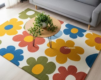 Retro Daisy Flower Rug | Colorful Floral Living Room Home Decor | Playful Pop Art Carpet | Bold Multicolor Tufted Area Rug