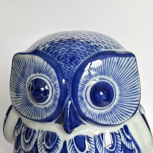 Japanese Blue & White Ceramic Owl Figurine “Fukurou” | Handcrafted Porcelain Art by Chikoyaki
