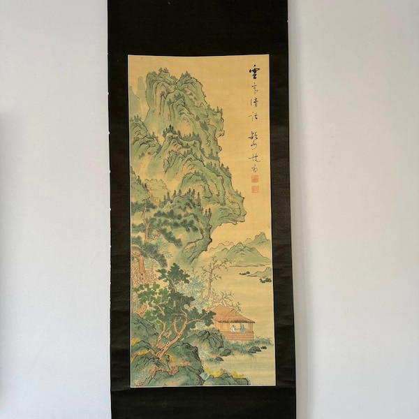 Pergamino japonés vintage / Dos ancianos en un refugio de montaña / Kakemono pintado a mano