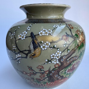 Kutani Brown Glaze Vase with White Plum Blossoms | Vintage Japanese Hand-Painted Art- Pottery