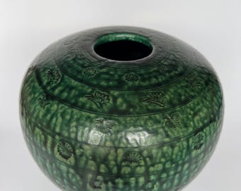 織部焼 - ヴィンテージ花瓶：日本の陶器製生け花、ハンドメイド、緑釉
