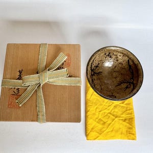 Kenzan School Chawan, Plum Blossom Interior, Black Iron Glaze, Rimpa Tradition