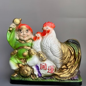 Daikokuten with Roosters – Japanese Lucky Ceramic Figurine