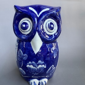 Indigo Blue Owl Ceramic Figurine – Handcrafted Japanese Fukurou of Wisdom and Fortune