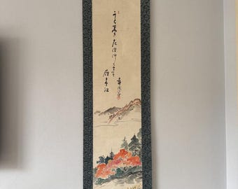 Vintage Japanese Scroll Painting – Autumn Pagoda Landscape, Signed Jōen