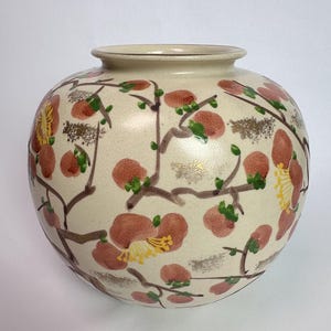 Vintage Kiyomizu-yaki Vase, Hand Painted Plum Blossoms, Kyoto Pottery