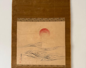 Stary japoński kakemono wschód słońca i fale oceanu – ręcznie malowany zwój sumi-e, bardzo stary stan