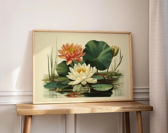 Sztuka ścienna z motywem lilii wodnej, botaniczny wydruk lotosu, kwiatowa dekoracja stawu (pobranie cyfrowe)