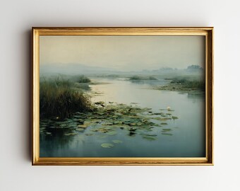 Obraz olejny „Mglisty staw lotosu”, sztuka ścienna w stylu vintage, nastrojowy wystrój botaniczny (pobranie cyfrowe)