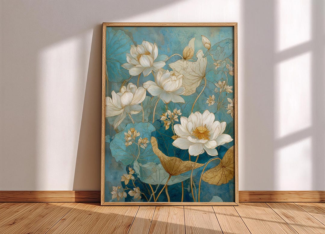 White Lotus Wall Art Print, Teal Gold Botanical, Thai Floral Decor ...