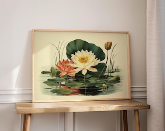 Botaniczny wydruk z motywem stawu lotosu, sztuka ścienna w stylu vintage z motywem kwiatów, dekoracja z motywem lilii wodnej (pobranie cyfrowe)