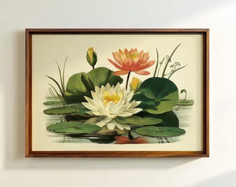 Grafika ścienna „Ogród Lotosu”, wystrój botaniczny w stylu vintage, staw z liliami wodnymi (pobranie cyfrowe)