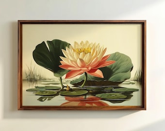 Botaniczna dekoracja ścienna z motywem brzoskwiniowego lotosu, vintage'owy nadruk kwiatowy, dekoracja z motywem lilii wodnej (pobranie cyfrowe)