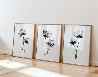 Zestaw artystyczny Lotus Ink, czarno-złote nadruki kwiatowe, azjatycki zestaw ścienny (do pobrania cyfrowego)